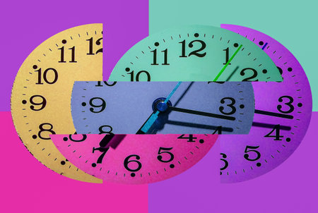 A vibrant, abstract collage of multiple clocks with overlapping pastel colors, symbolizing the fluidity and complexity of time.の写真素材