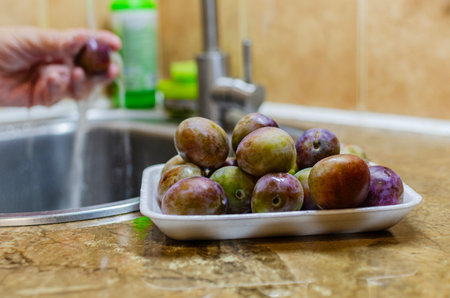 A close-up shot of a hand washing a ripe plum under running water in a kitchen sink. A bowl filled with other plums rests on the countertop next to the sink.の写真素材
