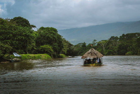 Landscape of a boat driving in the middle of river with a group of people. River has green plants on...