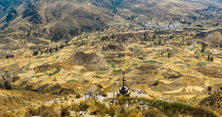 Landscape of agriculture area around the city in the colca valley in a sunny day.