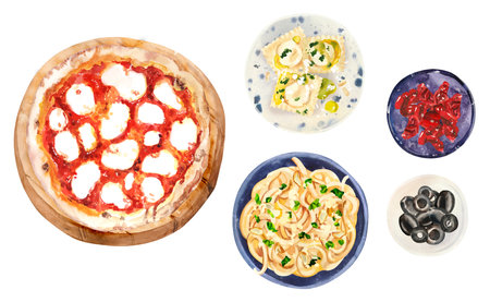 Set of different pizza and italian dishes watercolor illustrations isolated on a white background. Top view.の写真素材