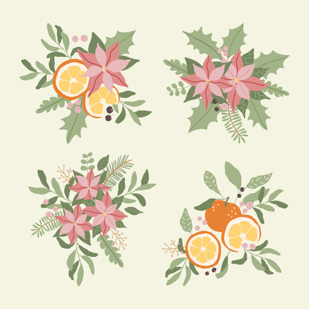 Vector winter Christmas red flower, oranges, leaves and slices illustrations. Hand painted poinsettia and orange fruits. Cozy cute flat premade poster compositionのイラスト素材