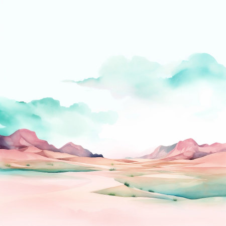 Abstract hand painted watercolor landscape background, modern pastel colored texture. Fun and creative colorful background for greeting cards, banners and social mediaの素材