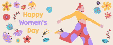 8th March Happy Women's Day banner wirh happy free woman jumping in air Colored flat vector illustration isolated on simple background Concept of freedom, happiness and aspirationsのイラスト素材