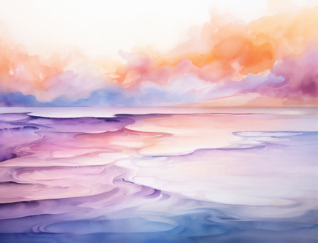 Abstract hand painted watercolor landscape background, modern pastel colored texture. Fun and creative colorful background for greeting cards, banners and social mediaの素材