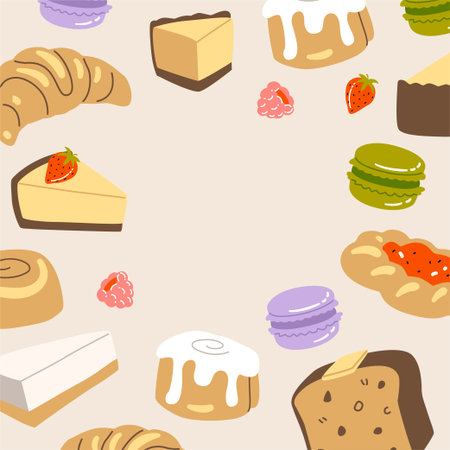 Vector hand painted cafe tasty pastry cheesecakes and danish desserts and specialty coffee...