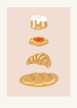 Vector hand painted cafe tasty backed pastry bread, croissant, danish and cinnamon bun illustration Cute flat simple hand drawn clipart premade interior poster for printのイラスト素材