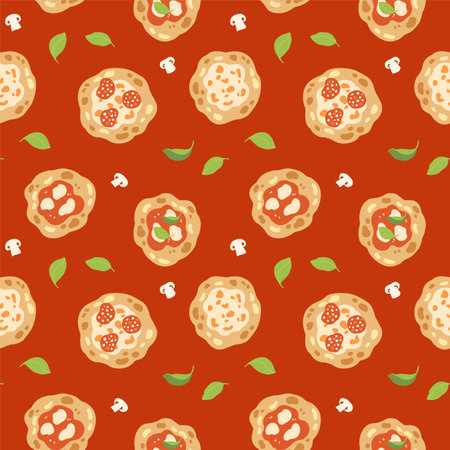 Vector hand painted trendy traditional Italian cuisine pizza illustration Cute flat simple hand drawn seamless pattern wallpaper background wrapping paper designのイラスト素材