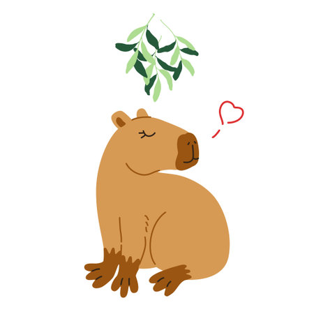 Cute Christmas capybara exotic animal vector illustration banner South America mammal postcard or poster Cartoon flat New Year vector templateのイラスト素材
