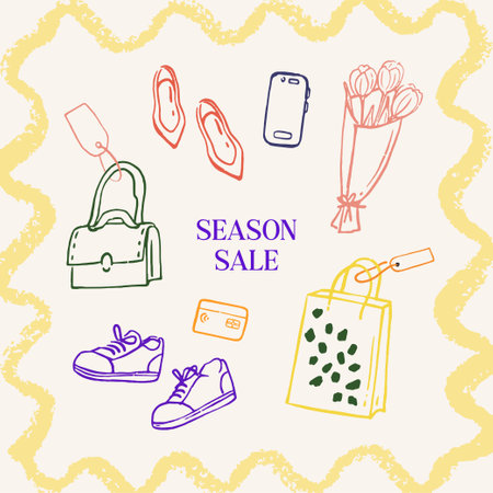 Black friday shopping poster hand drawn trendy outline illustration of clothes, shopping bags, accessories. Vector postcard template for web banner, poster, discount coupons.のイラスト素材