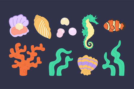 Underwater sea wildlife isolated on simple background. Clown fish, seahorse, shells and pearls. Cute hand drawn trendy flat vector illustrations.のイラスト素材