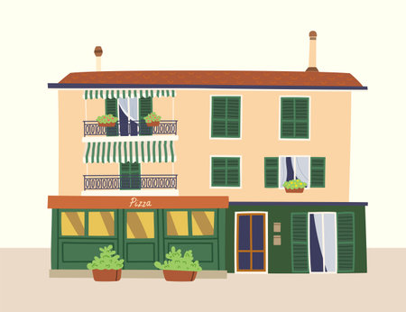 Trendy warm colored house with flowers and pizza restaurant in Italian style. Hand drawn European city architecture illustration in modern flat vector illustration style.のイラスト素材