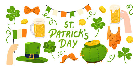 St. Patrick's day Ireland holiday lucky shamrock, pot gold coin, clover, hats and beer party. Hand drawn trendy flat vector illustration set isolated on white backgroundのイラスト素材