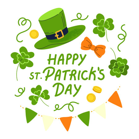 Happy St. Patrick's day lettering Ireland holiday lucky shamrock, gold coin, clover, hats, beer party. Hand drawn trendy flat vector illustration premade composition for cards, posters and bannersのイラスト素材