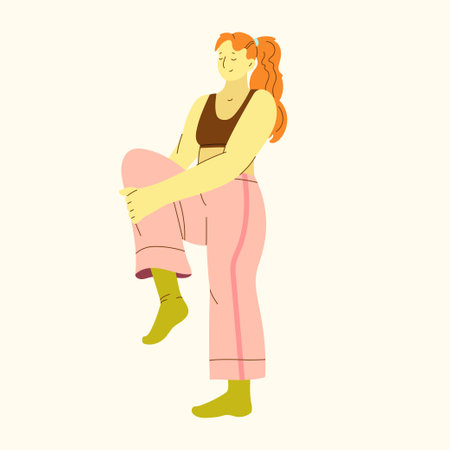 Colorful inclusive fitness hand drawn illustration. Diverse body positive woman exercising in modern flat vector style. Stretching, pilates, knee exercisesのイラスト素材