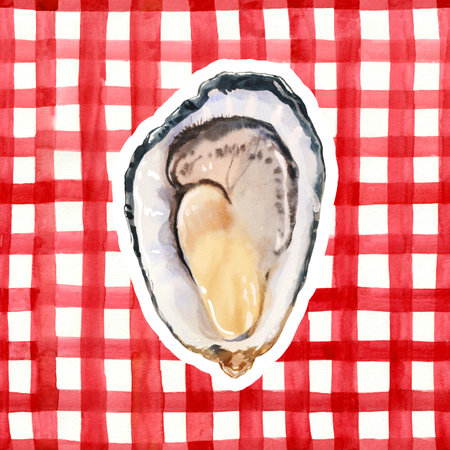Watercolor hand painted delicious raw seafood oyster simple sketch illustration on traditional stripped background. Clip art for French cuisine menus, social media, ads and postersの写真素材