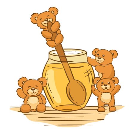 Cute little bears with tasty honey, hand drawn vector illustration.のイラスト素材