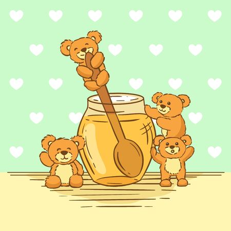Little bears with sweet honey, hand drawn vector illustration.のイラスト素材