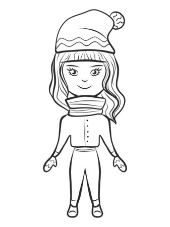 Happy little girl wearing winter hat, hand drawn vector illustration.のイラスト素材