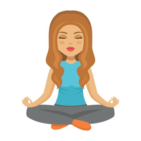 Cute woman meditating, vector illustration on white background.のイラスト素材