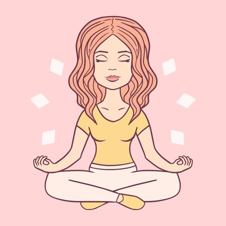 Cute woman meditating, hand drawn vector illustration.のイラスト素材