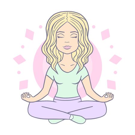 Cute hand drawn woman meditating, vector illustration on white background.のイラスト素材