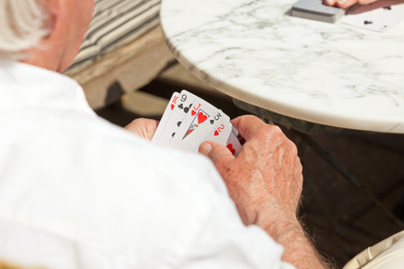 Senior couple playing card game outdoor in garden の写真素材