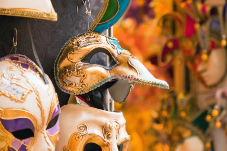 Colorful traditional venetian masks at souvenir shop. Venice. Italy.の写真素材