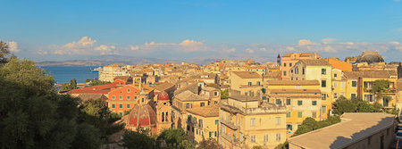 Panoramic shot of Corfu city with blue cloudy sky  Sen from above  Kerkyra  Corfu island  Greece の写真素材