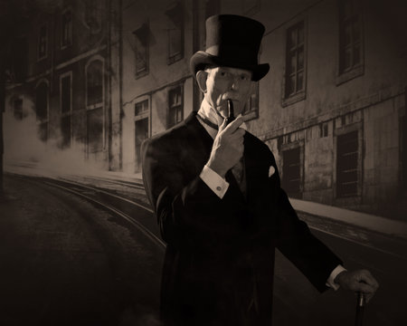 Man 1900 style smoking a pipe wearing black hat and coat. Dickens style in night city street.