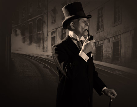 Man 1900 style smoking a pipe wearing black hat and coat. Dickens style in night city street.