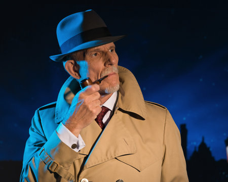 Retro detective man smoking pipe walking in city street at night. Wearing a hat and raincoat. Mysterious atmosphere.の写真素材