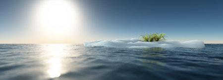 Iceberg with green grass floating in ocean. Clear blue sky. Global warming. Panoramic shot.