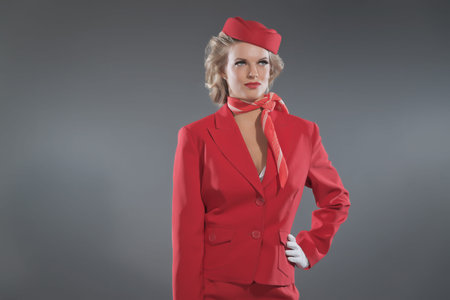 Retro blonde stewardess wearing red suit and cap. Studio shot against grey.の写真素材