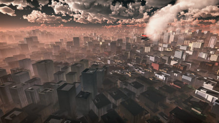 Aerial of airplane crashing in skyscraper city. Dark cloudy sky.の写真素材