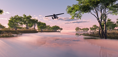 Airplane flying over misty lake at sunrise.の写真素材