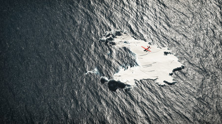 Aerial of red airplane flying over melting iceberg in ocean.