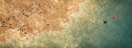 Aerial of beach with surfers and red airplane flying over.の写真素材