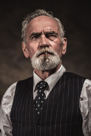 Cigar smoking characteristic senior business man with gray hair and beard wearing blue striped gilet and tie. Against brown wall.の写真素材