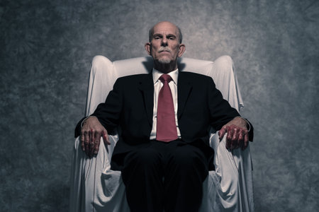 Corrupt businessman with bloody hands sitting in white chair. Gray beard wearing dark suit and red tie. Against grey wall.の写真素材