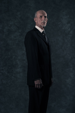 Serious senior businessman with gray beard wearing dark suit and tie. Against grey wall.の写真素材