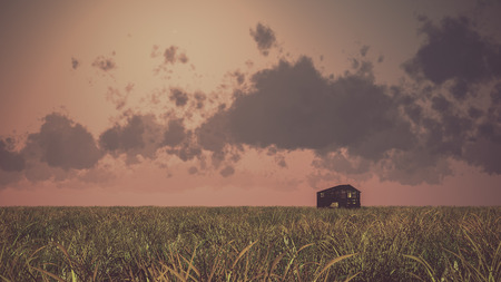 Old abandoned wooden barn on prairie at sunset with cloudy sky.の写真素材