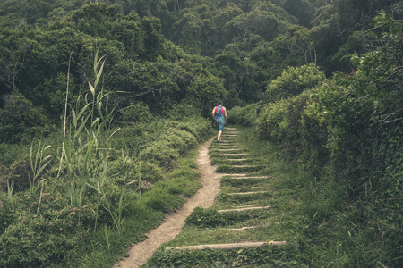 Female tourist walking on forest trail in Tsitsikamma National Park. Eastern Cape. South Africa.の写真素材