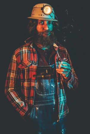 Portrait of Male Miner Wearing Helmet Lamp, Overalls and Plaid Shirt Smoking Cigarette with Hand in...