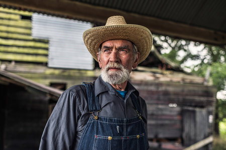 Old farmer standing in front of a rustic dilapidated wooden barn staring thoughtfully off to the...