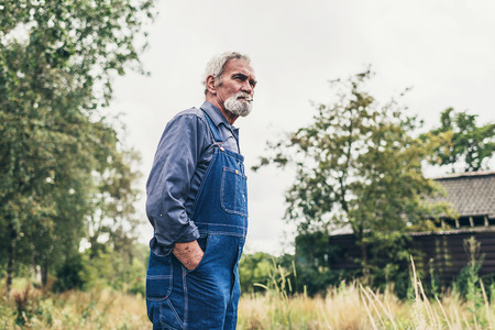 Senior Bearded Male Farmer Looking into the Distance While Standing at the Grassy Farm with Hands Behind in his Pocket.の写真素材
