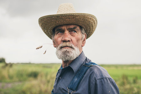 Thoughtful senior farmer chewing grass while staring into the distance, low angle head and shoulders...