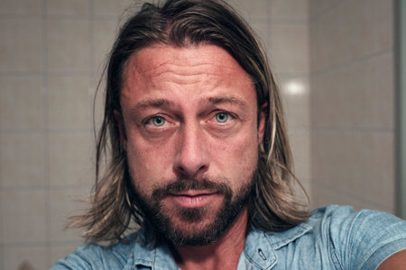 Selfie of young man with long blonde hair and beard in bathroom.