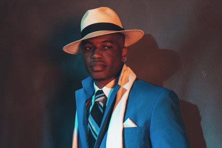 African american dandy man in blue suit and straw hat.