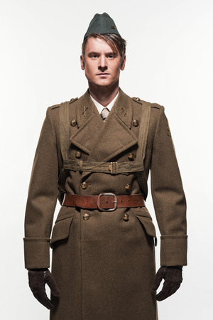 Paratrooper military uniform fashion man against white background.の写真素材